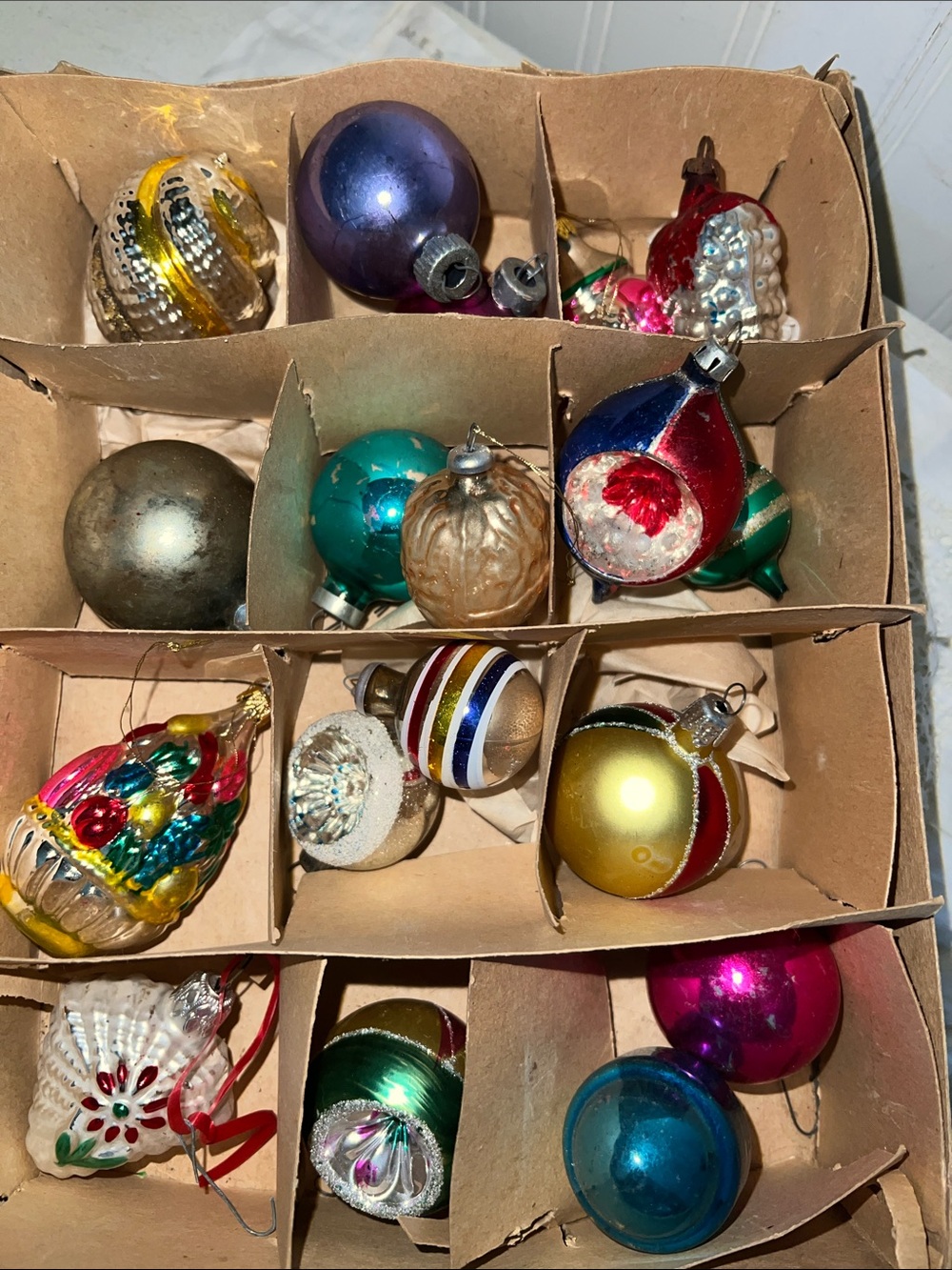 Huge lot Antique vintage Mercury glass Christmas ornaments indent mica flocked